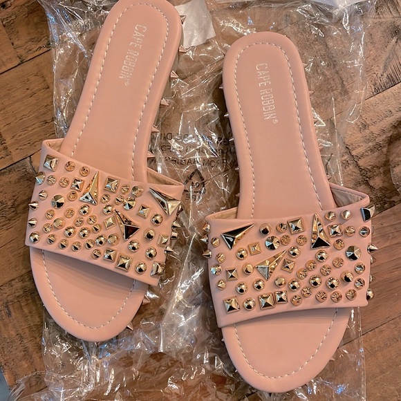 Blush slide sandals with rose gold studs by CAPE ROBBIN - Picture 1 of 2